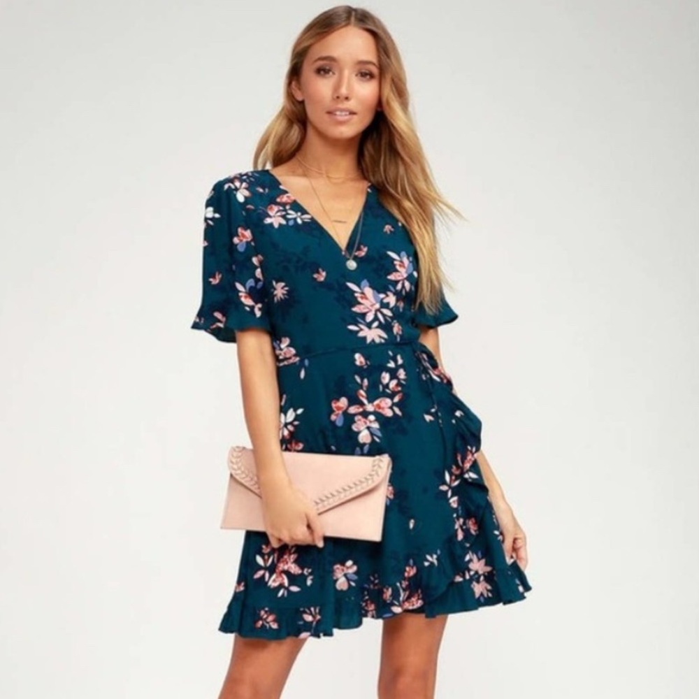 Lulus Dalton Teal Blue Floral Print Ruffle Sleeve Lightweight Wrap Mini Dress XS